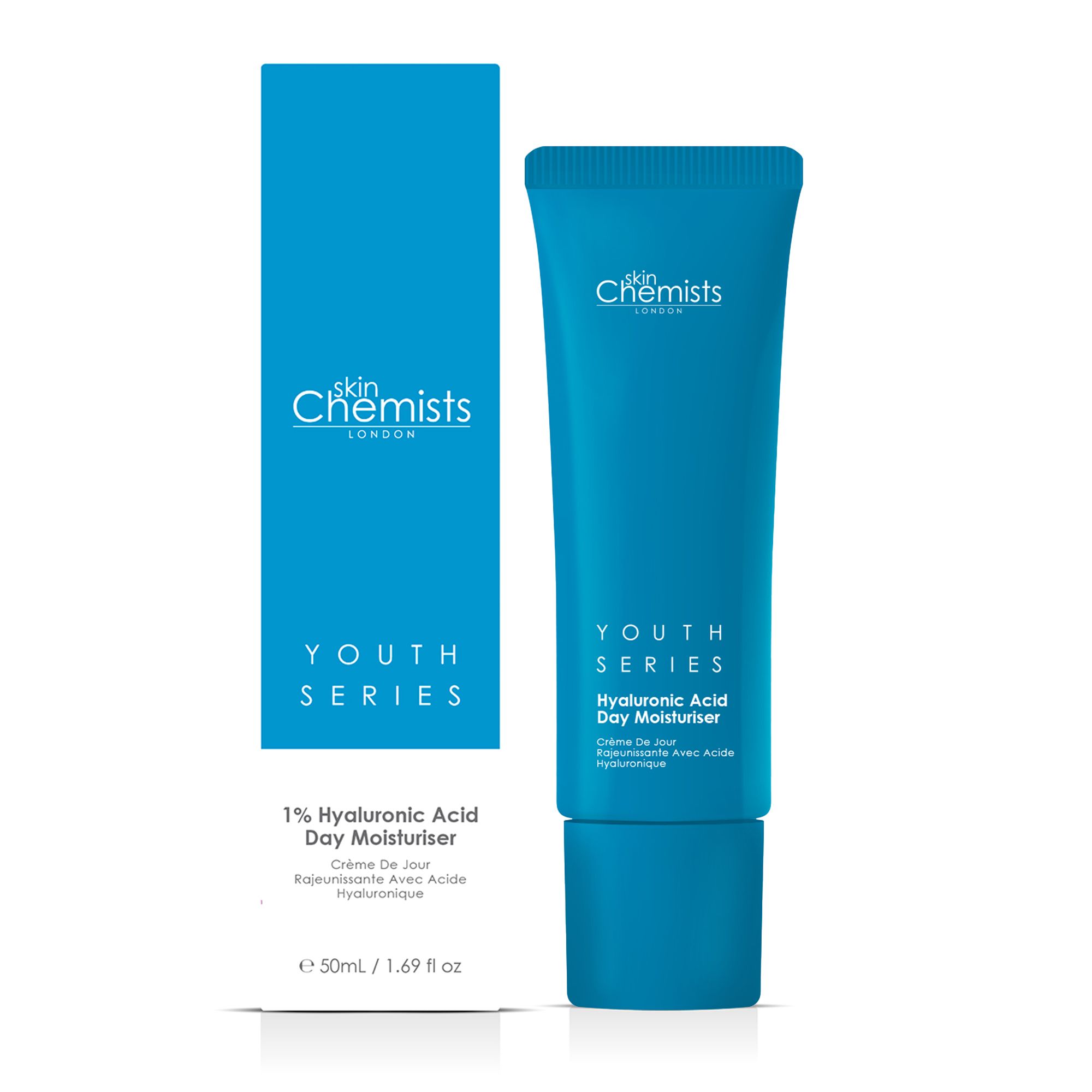 Blaues Hautpflegeprodukt mit Verpackung. Aufschrift: skinChemists, Youth Series, Hyaluronsäure Tagesfeuchtigkeitspflege.