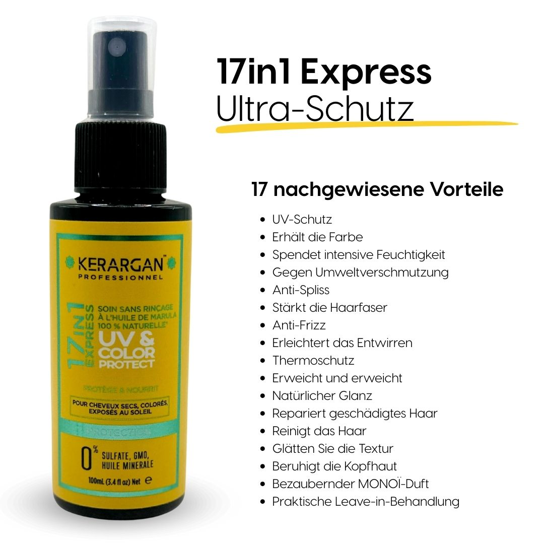 Kerargan UV- & Farbschutz-Tonikum. Gelbe Flasche mit Sprühkopf. Text: 17in1 Express UV & Color Protect. Vorteile aufgelistet.