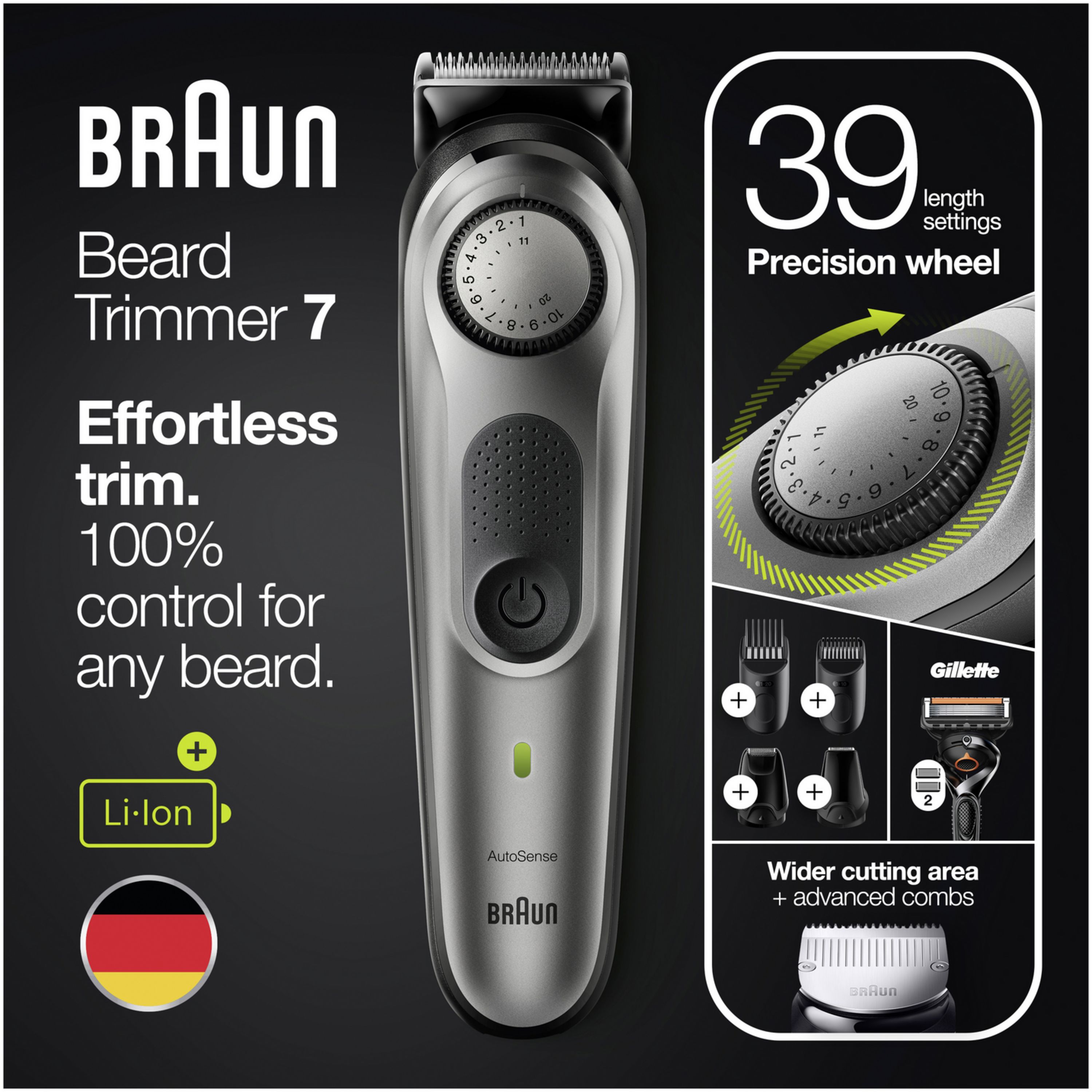 Barttrimmer Braun 7, silber-schwarz. Drehregler mit Zahlen. Aufsätze, Rasierer-Symbol. Text: 39 Längeneinstellungen, Li-Ion.