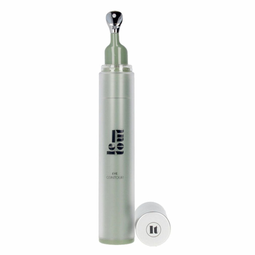 Zylindrische Flasche mit Metallapplikator. Deckel daneben. Aufschrift: Eye Contour.