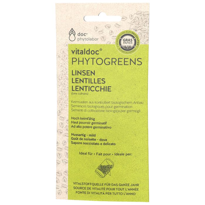 Verpackung von Vitaldoc Phytogreens Linsen. Grün-weißes Design mit Produktnamen und Logo. Gras Papier Siegel.