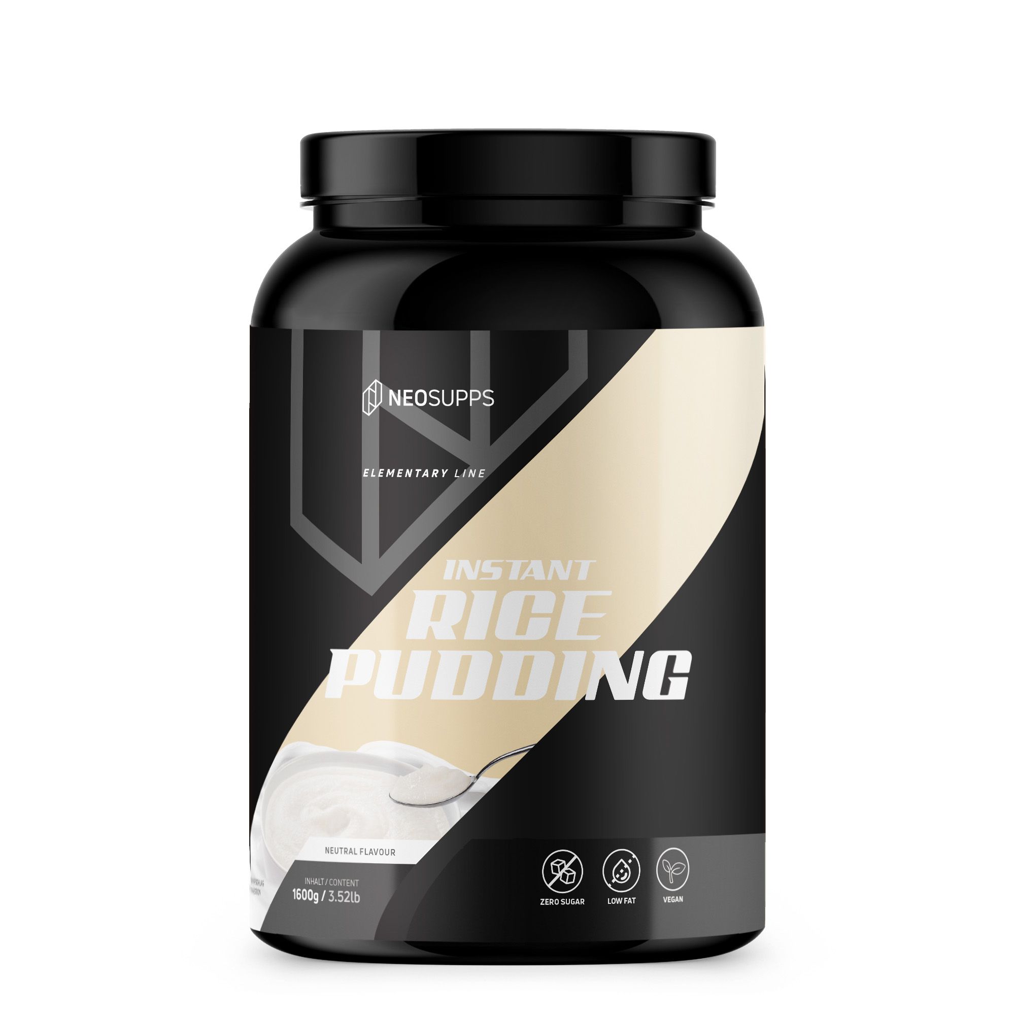 Schwarze Dose mit weißem Aufdruck. Aufschrift: Instant Rice Pudding. Logo: Neosupps. Aufdruck: Zero Sugar, Low Fat.