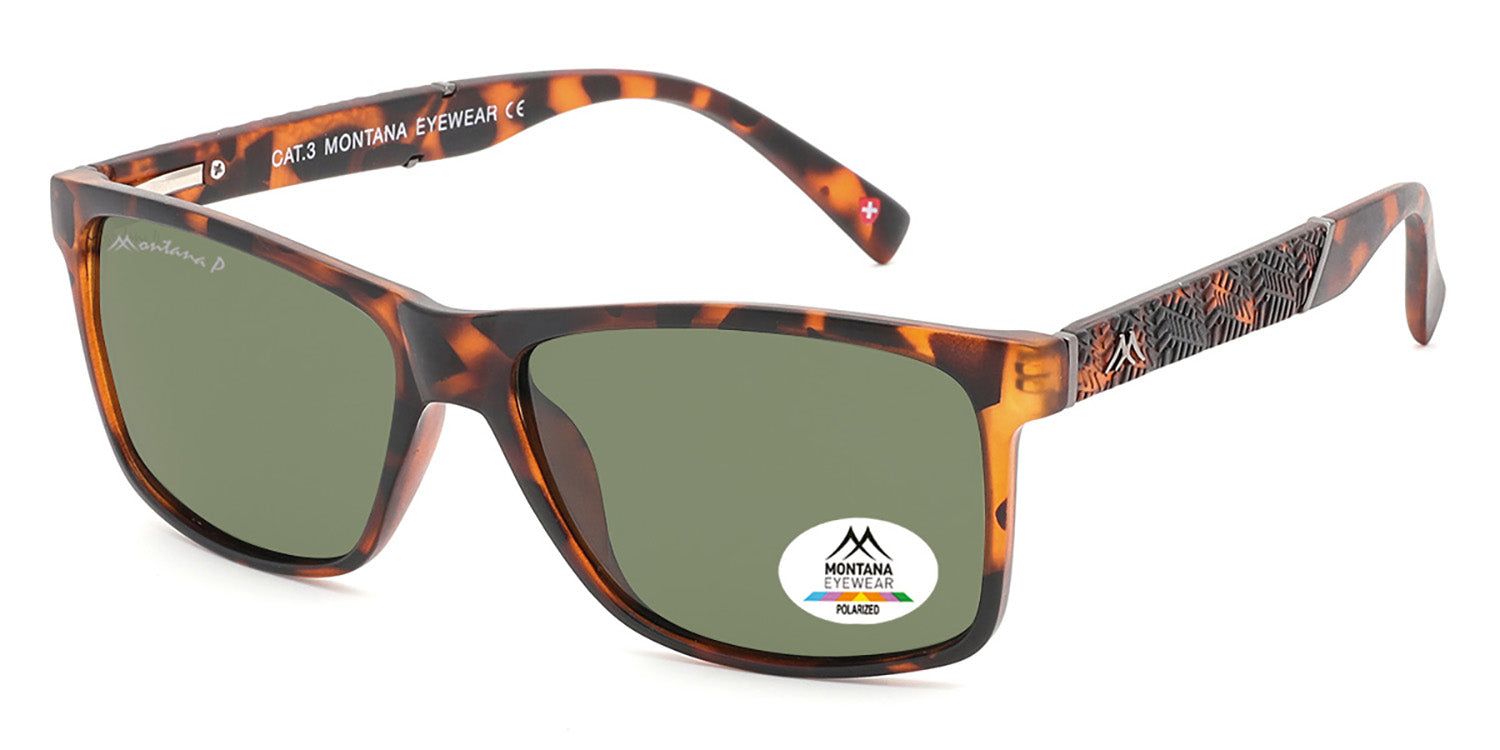 Sonnenbrille mit braunem Rahmen und grünen Gläsern. Auf einem Glas befindet sich ein Aufkleber mit Logo und der Aufschrift 'Polarized'.