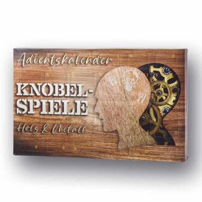 Adventskalender mit der Aufschrift "Knobelspiele Holz & Metall".