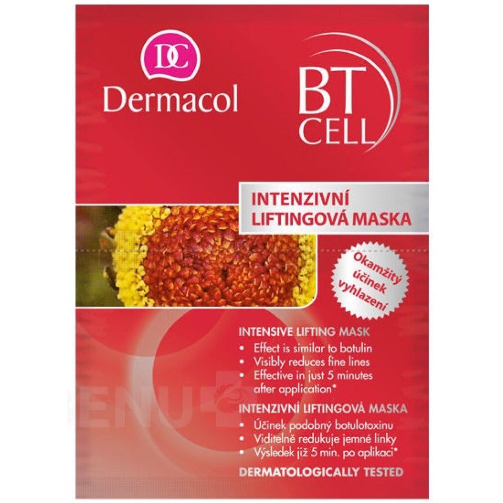 Rote Verpackung mit Produktinformationen. Logo und Schriftzug 'Dermacol'. Text: 'BT CELL', 'Intensivni Liftingova Maska'.