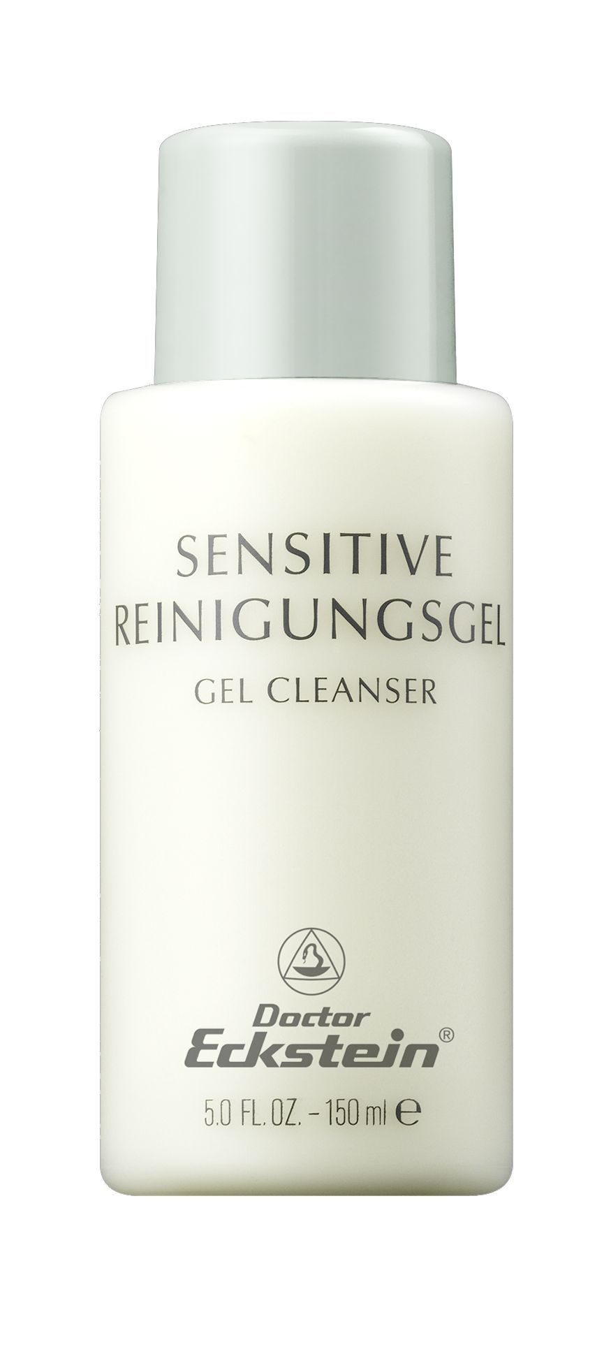 Weißes Fläschchen mit hellgrauem Deckel. Aufschrift: SENSITIVE REINIGUNGSGEL, GEL CLEANSER. Logo und Schriftzug Doctor Eckstein. 150 ml.