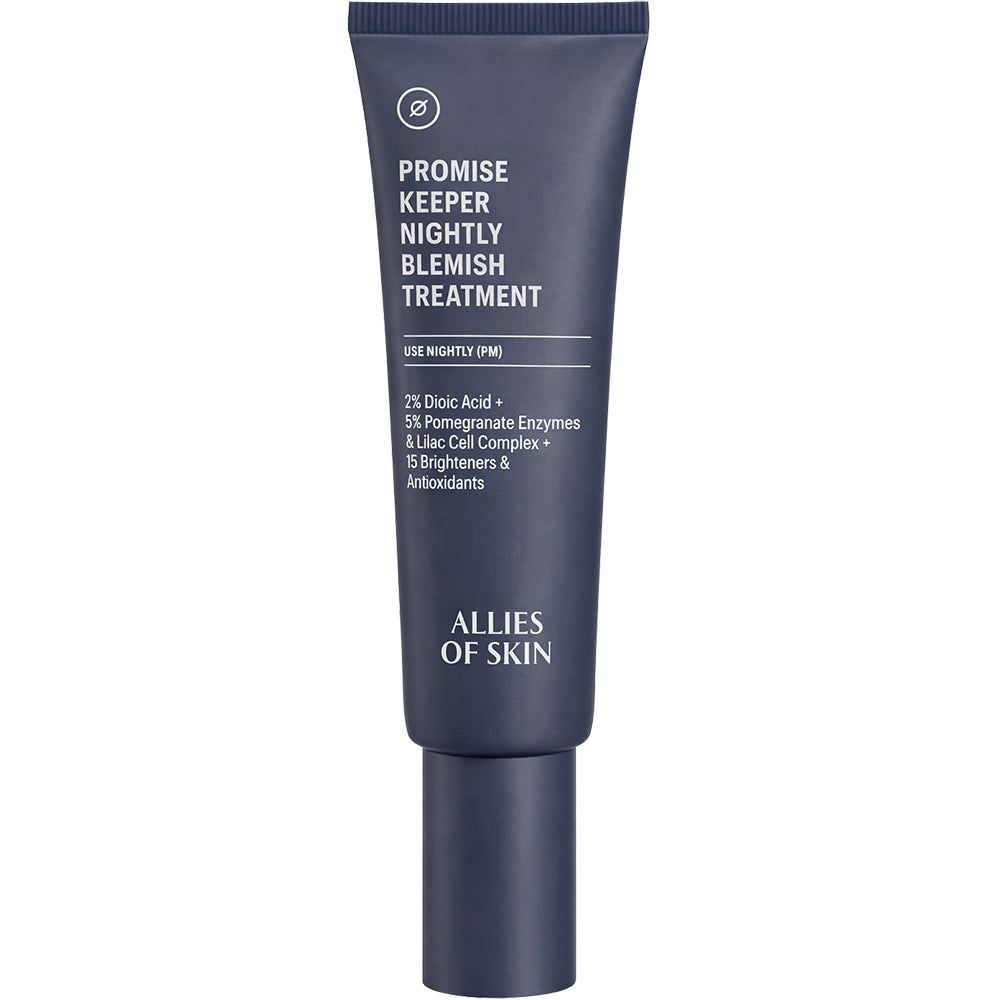 Dunkelblaue Tube mit weißer Schrift. Enthält „Promise Keeper Nightly Blemish Treatment“ und „Allies of Skin“.