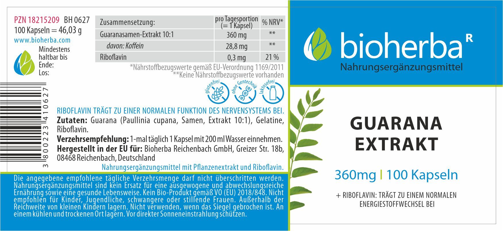 Guarana Extrakt 360 mg 100 Kapseln PZN 18215209
