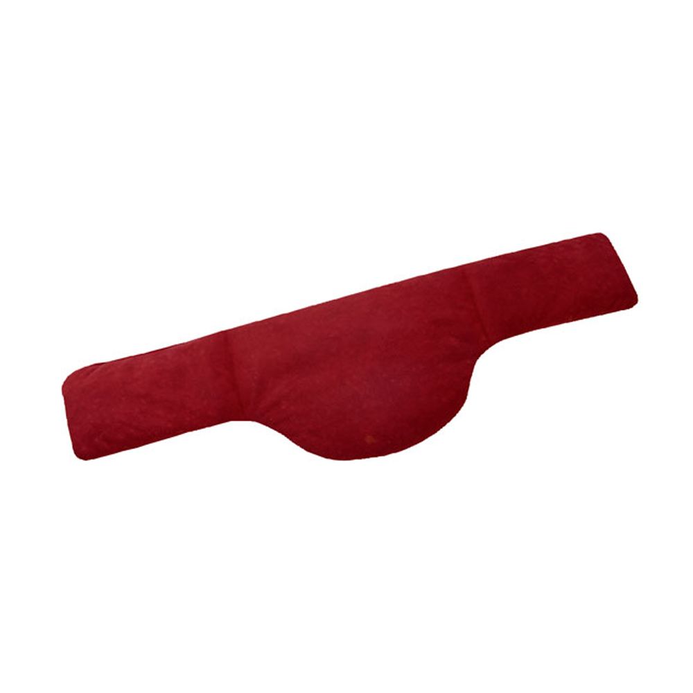 Rotes Nackenkissen mit geschwungener Form. Aus Stoff, länglich mit abgerundeten Enden und einer Ausbuchtung in der Mitte.