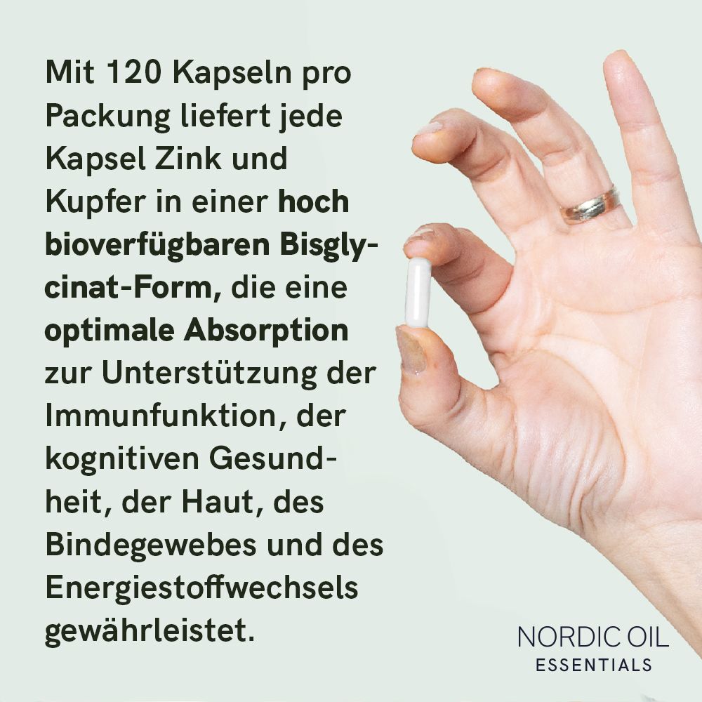 Hand hält eine Kapsel. Text: 120 Kapseln pro Packung. Zink und Kupfer in hoch bioverfügbarer Form. Nordic Oil Essentials.