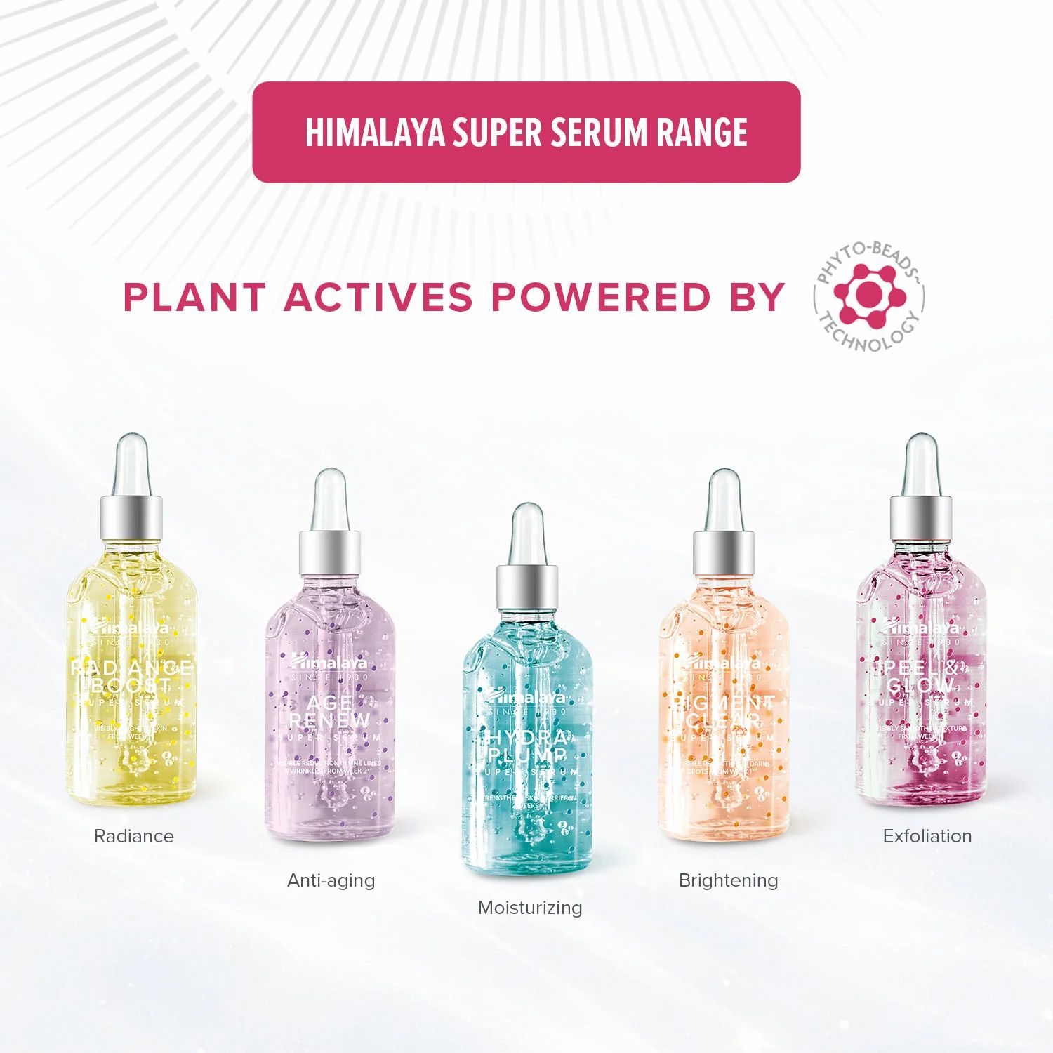 Fünf Serumflaschen. Text: Himalaya Super Serum Range. Verschiedene Farben und Funktionen: Radiance, Anti-Aging, Feuchtigkeit.