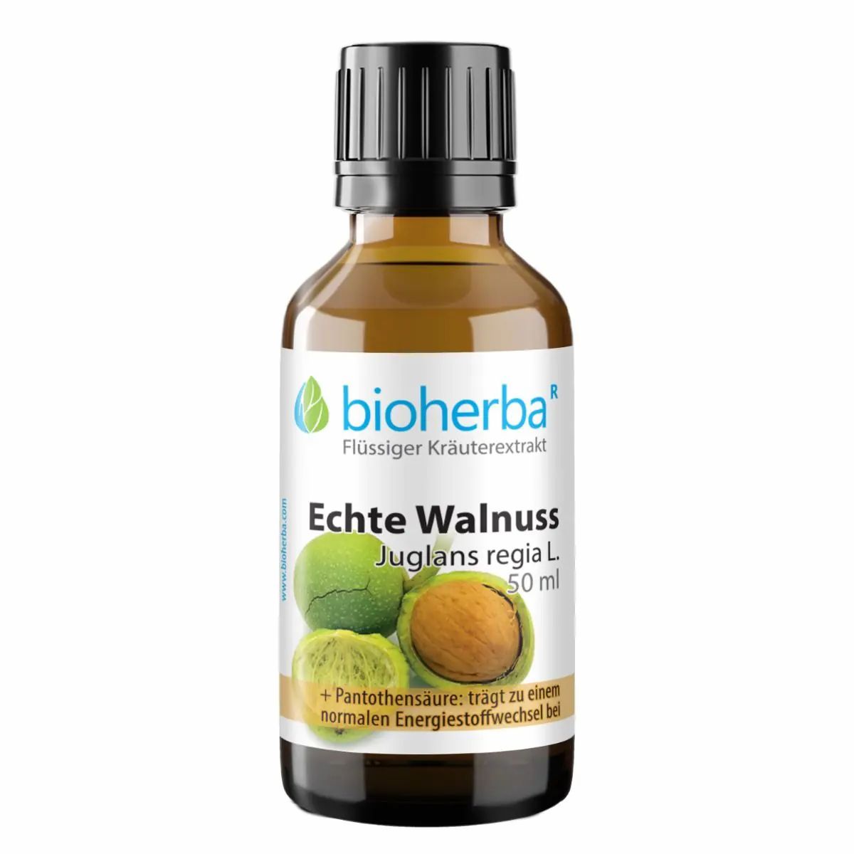 Braune Glasflasche mit schwarzem Deckel. Etikett mit Produktnamen, Walnuss-Illustration und Logo.