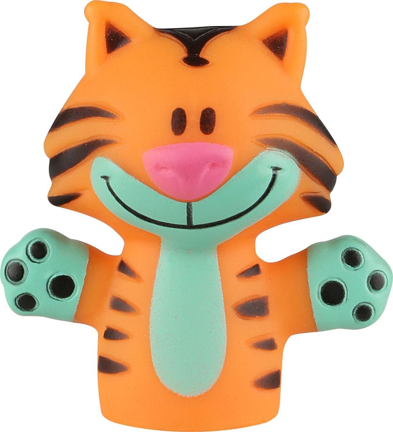 Orangefarbene Tiger-Fingerpuppe mit schwarzen Streifen und grünen Pfoten. Gummi-Tierfigur.