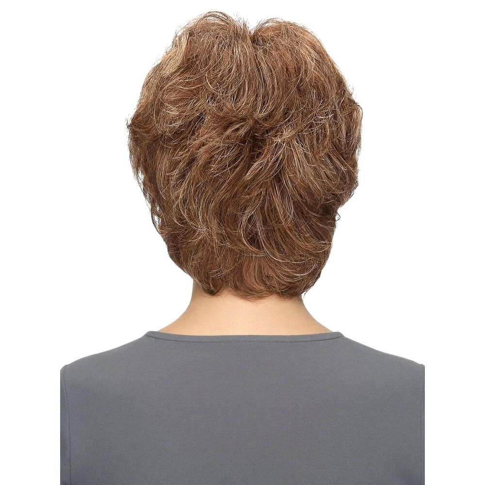 Kurzhaarperücke mit braunen und blonden Strähnen. Rückansicht. Die Person trägt ein graues Oberteil.