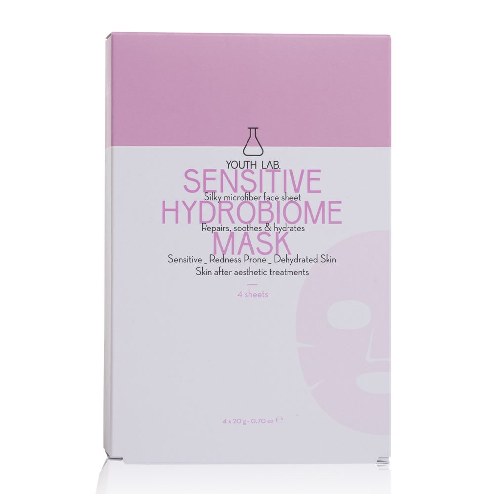 Verpackung mit YOUTH LAB Sensitive Hydrobiome Mask. Rosa-weiße Schachtel mit Produktnamen und 4 Masken. Gesichtsumriss.