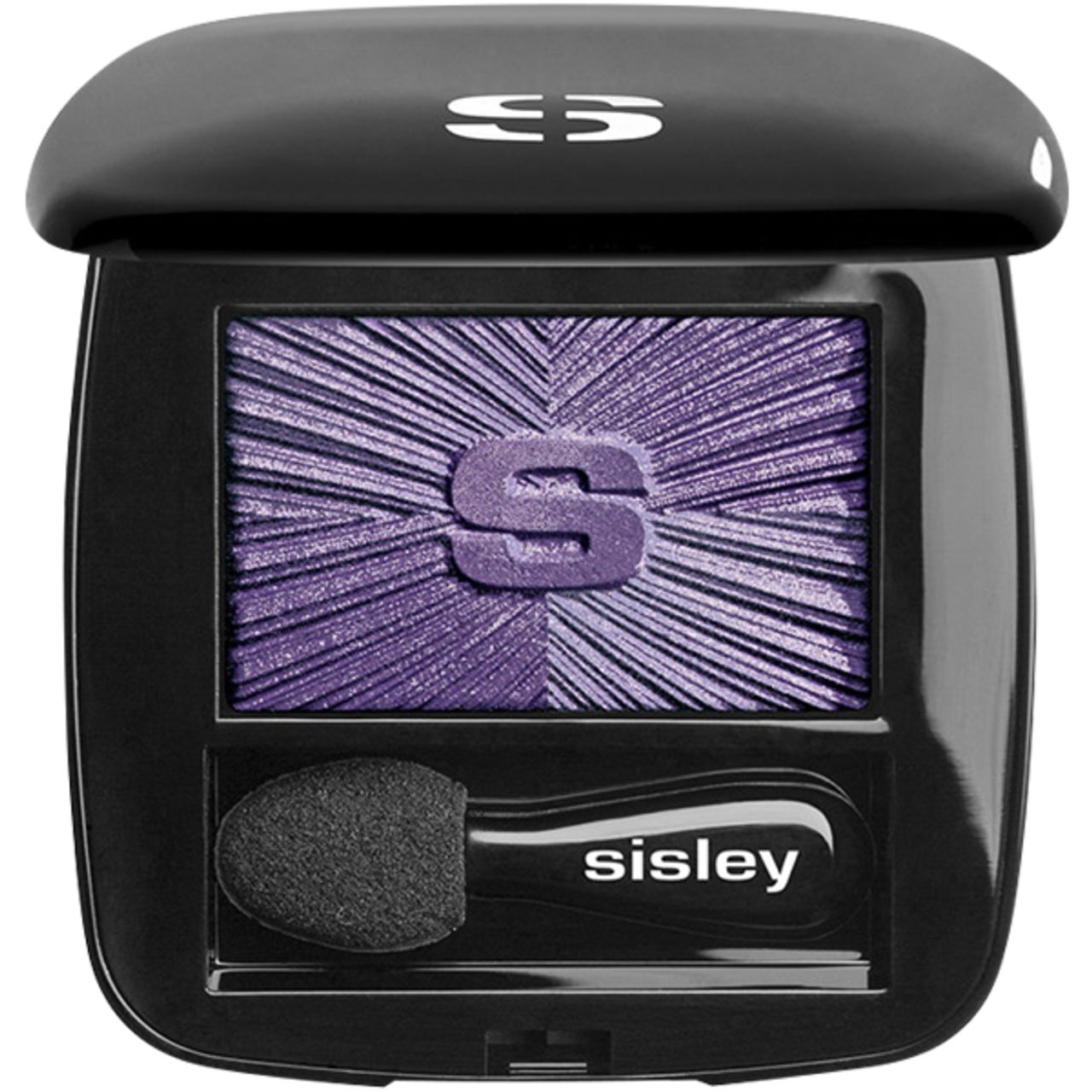 Schwarzer Lidschatten-Kompakt mit lila Lidschatten und Pinsel. Marke Sisley. Deckel mit Logo.
