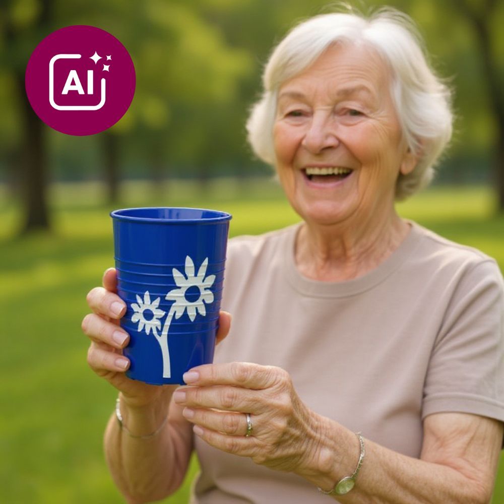 Lächelnde ältere Frau hält blauen Becher mit Blumenmuster.