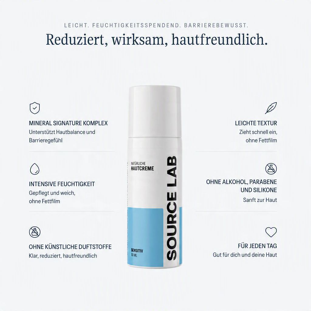 SOURCE LAB Pflegende Hautcreme Flasche mit Icons für Mineralien, Feuchtigkeit und Textur.