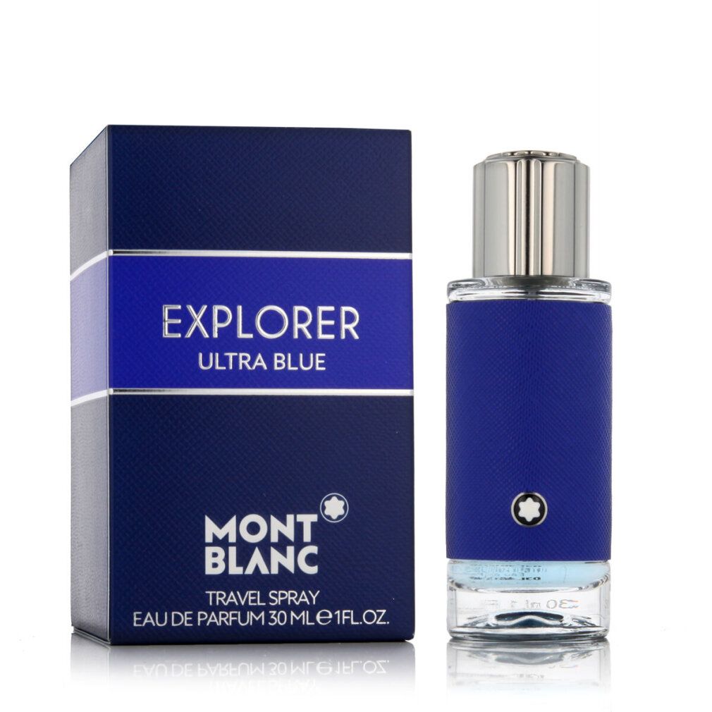 Blauer Karton und Flakon. Aufschrift EXPLORER ULTRA BLUE. Montblanc-Logo. Eau de Parfum. 30ml.