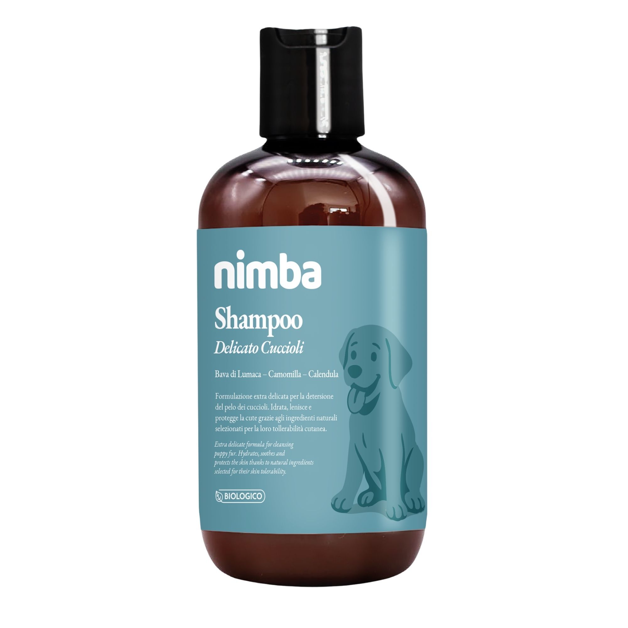 Braune Shampoo-Flasche mit blauem Etikett. Aufschrift: Nimba Shampoo, Delicato Cuccioli. Abbildung eines Hundes. Bio-Siegel.