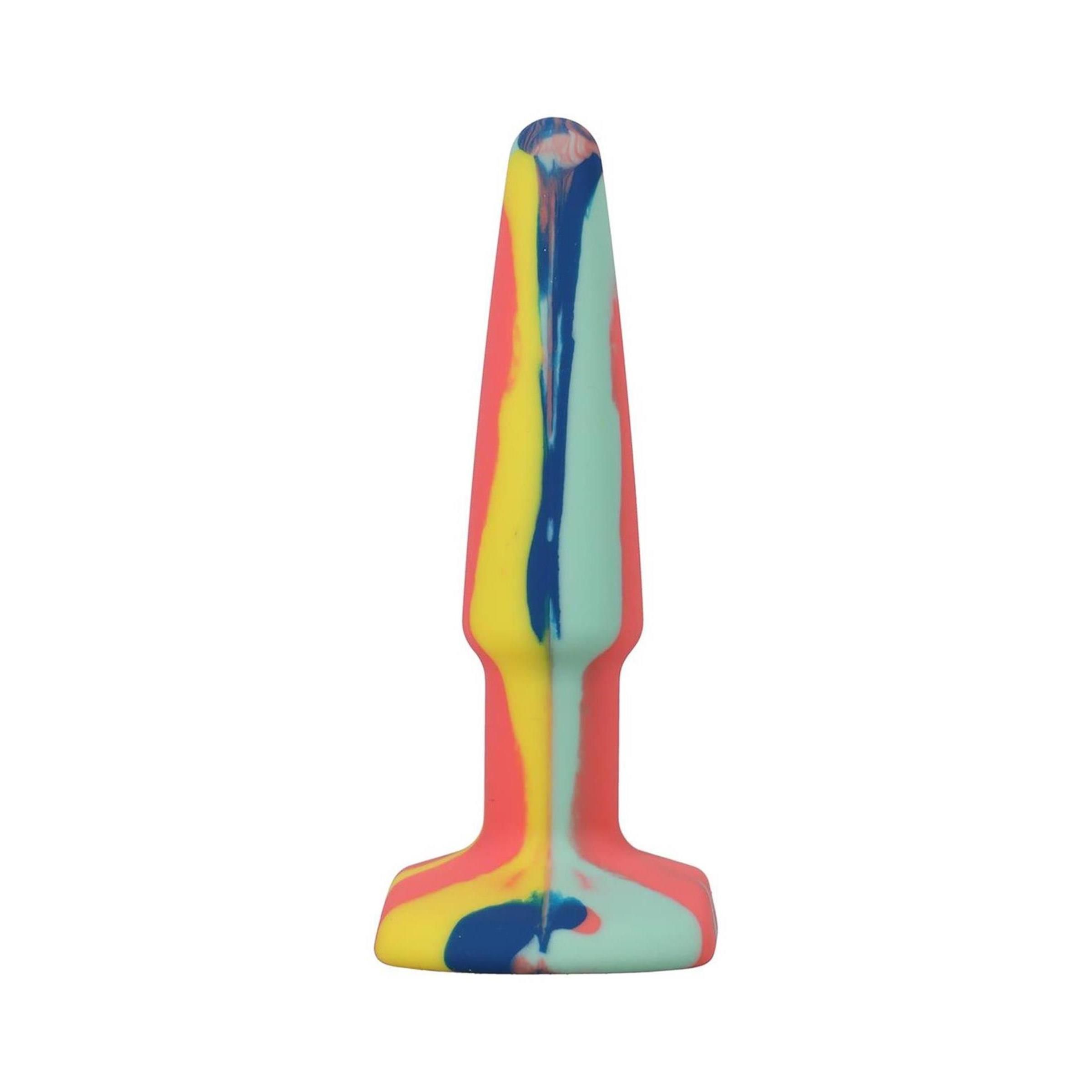 Mehrfarbiger Silikon-Analplug. Kegelförmig mit breiter Basis. Farben: Gelb, Blau, Rosa, Grün.