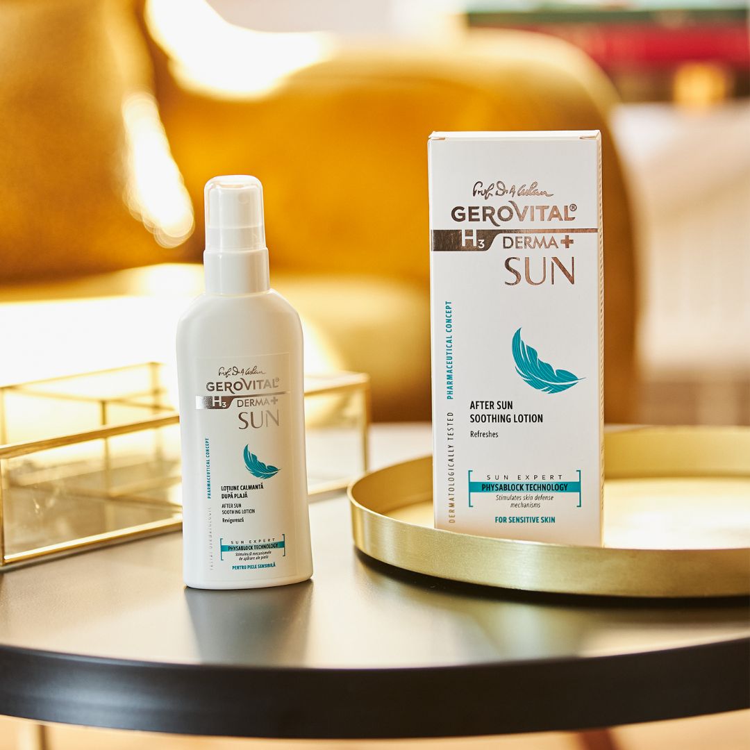 Weiße Flasche und Karton. Aufschrift: Gerovital H3 Derma+ Sun. Text: After Sun Soothing Lotion. Auf goldenem Tablett.