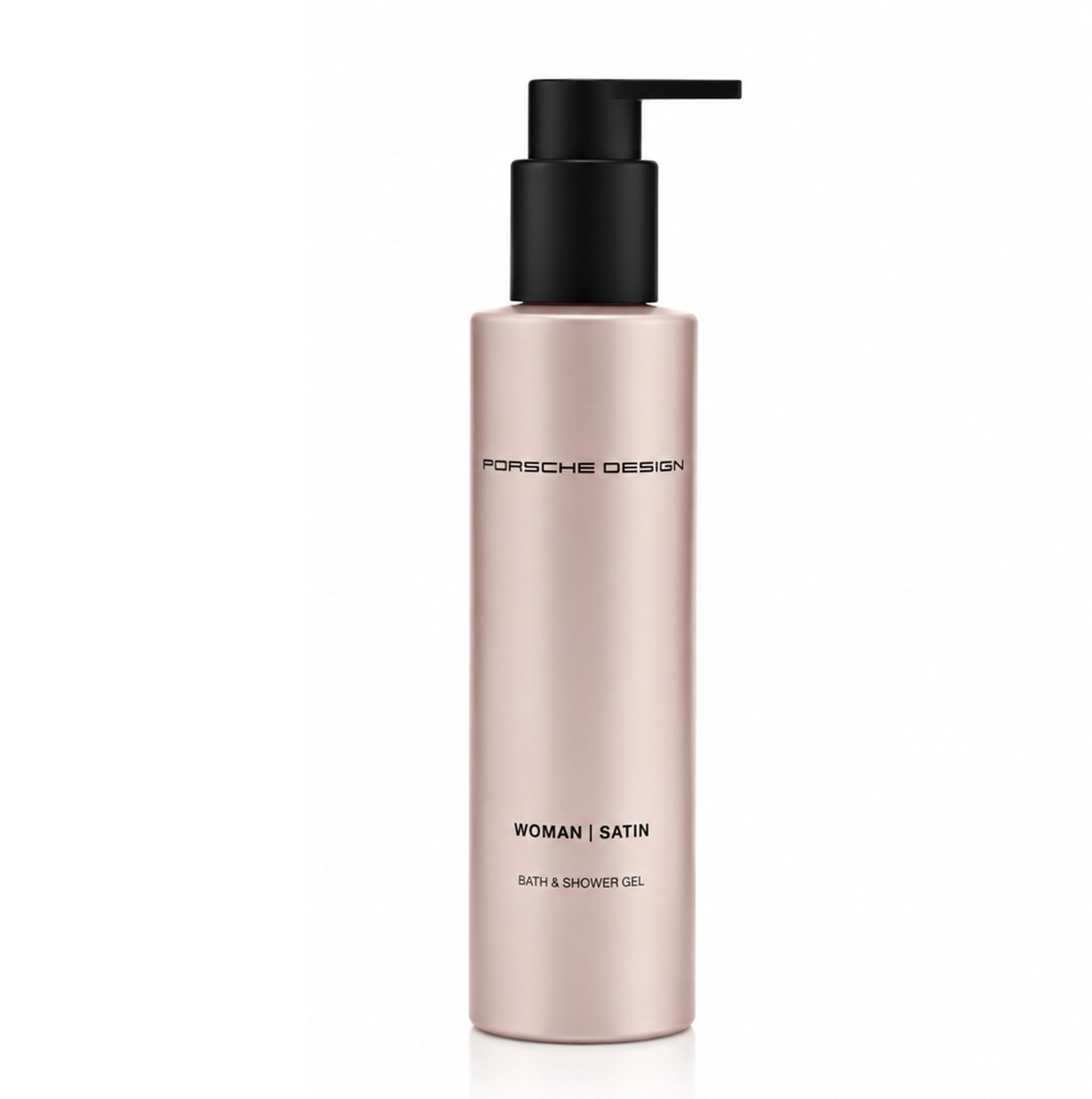 Porsche Design Woman Satin Duschgel in rosa Flasche mit schwarzem Pumpspender.