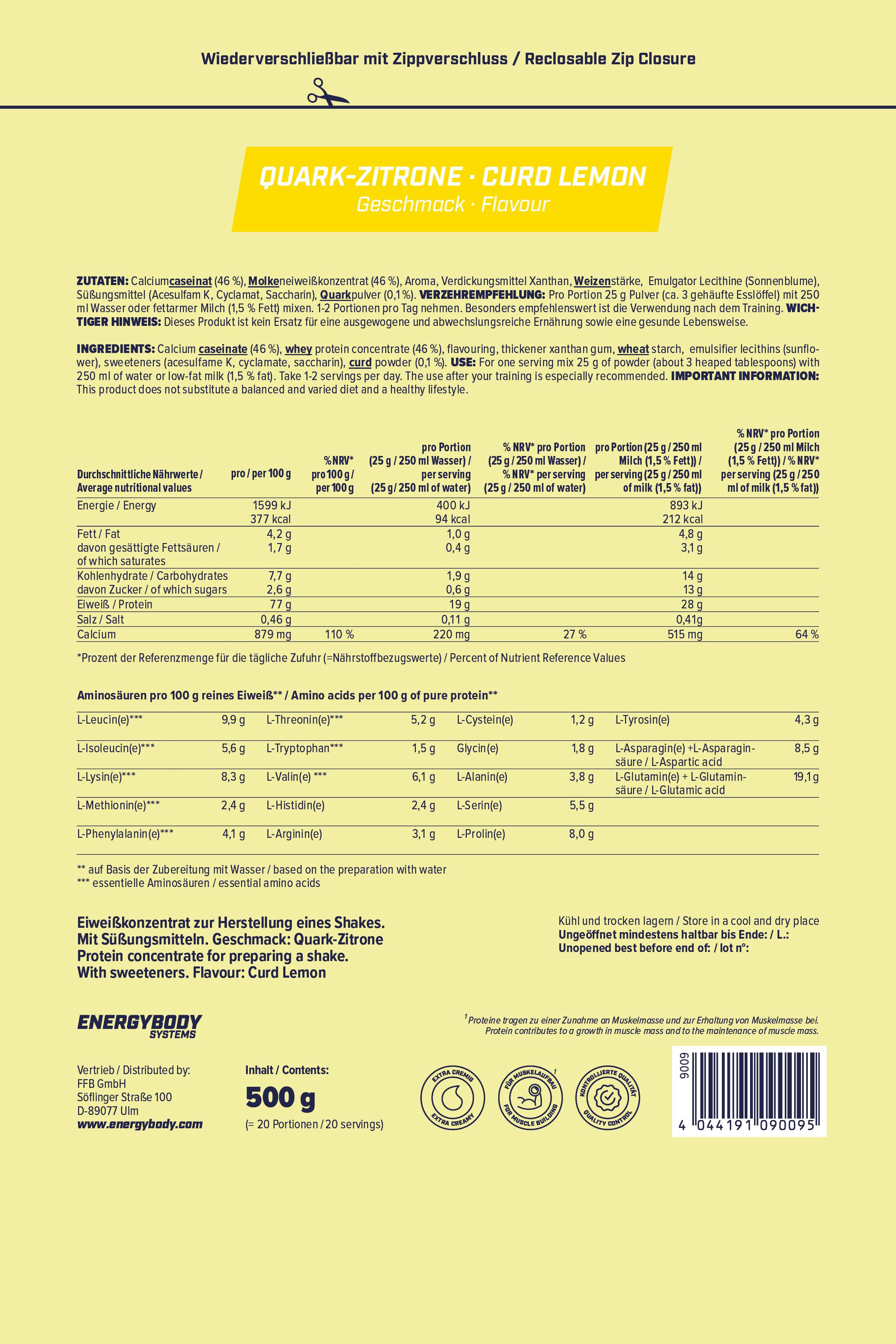 Rückseite der Mega Protein Verpackung. Text: Quark-Zitrone/Curd Lemon, 500g, Nährwertangaben, Aminosäuren. Wiederverschließbar.