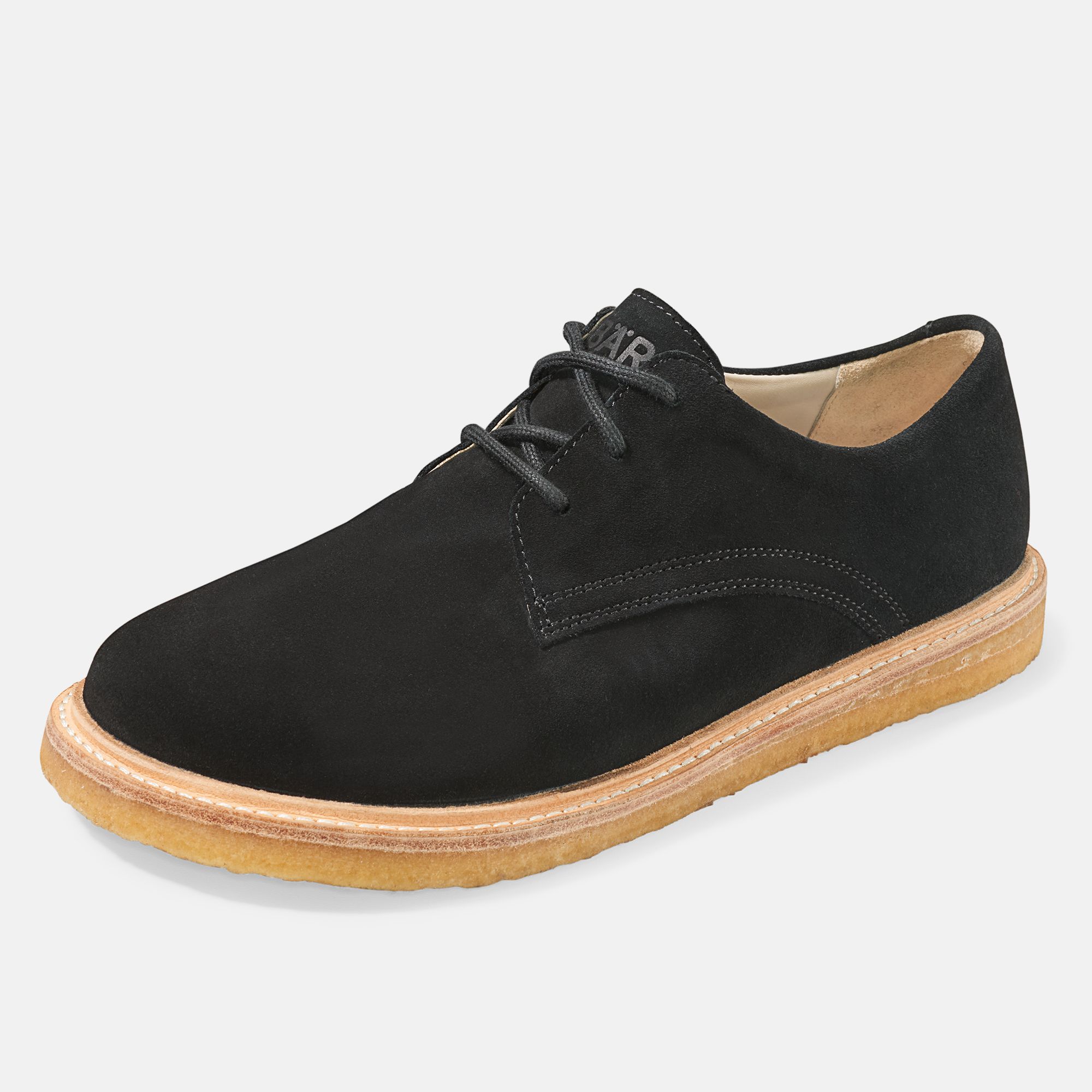 Schwarzer Schnürschuh mit heller Sohle. BÄR-Logo auf der Zunge. Breiter Schnitt.