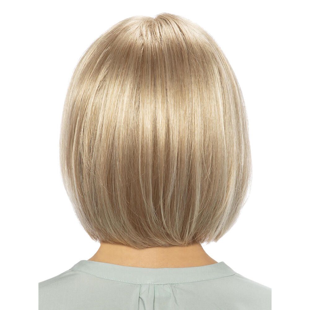 Blonde Perücke mit Pony. Kurzer Bob-Schnitt. Rückansicht.