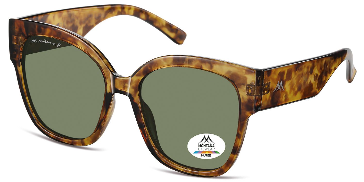 Sonnenbrille mit braunem Rahmen und grünen Gläsern. Montana Eyewear Logo auf dem Glas. Polarisiert.