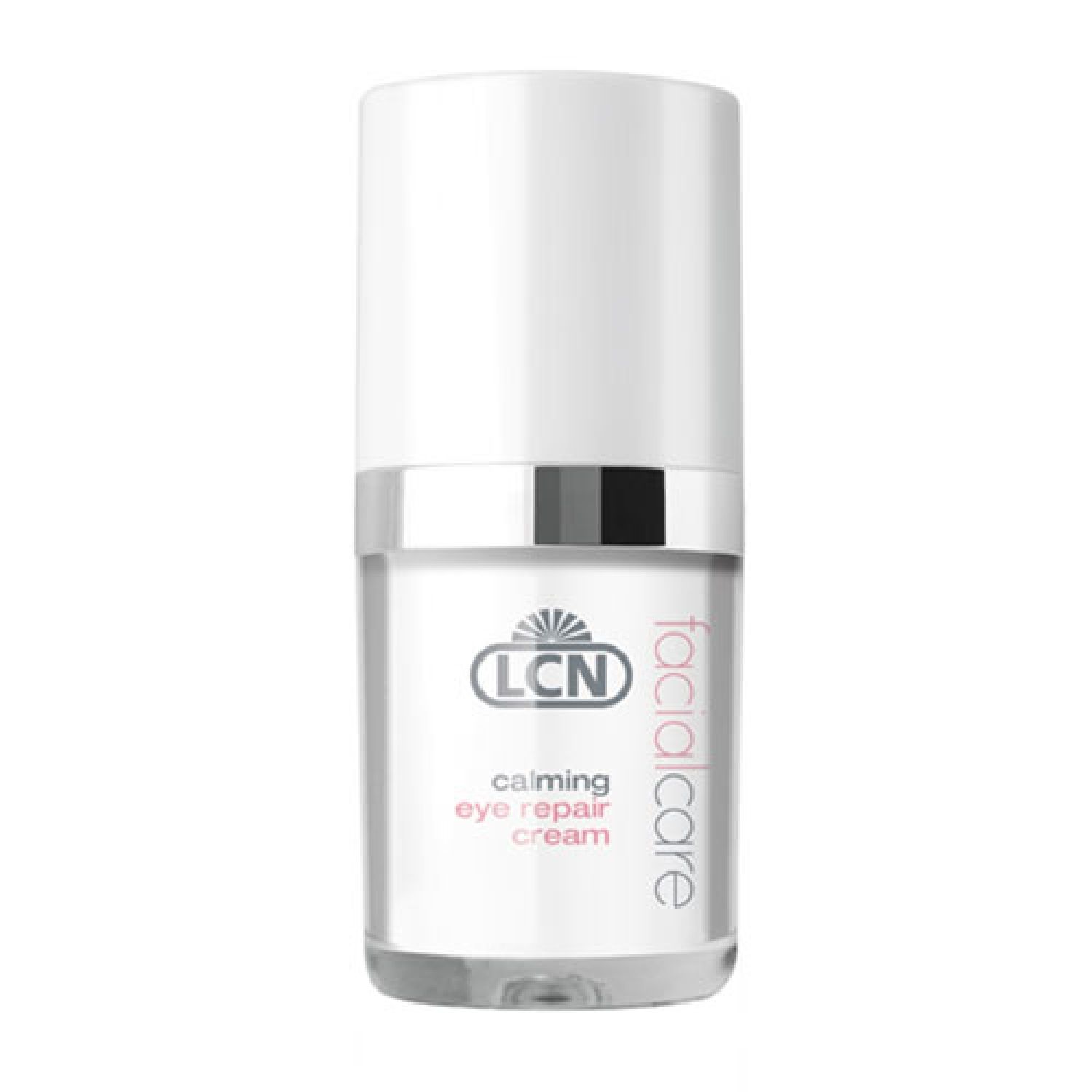Zylinderförmige Flasche mit weißem Deckel und silbernem Ring. Aufschrift: LCN, calming eye repair cream, facial care.
