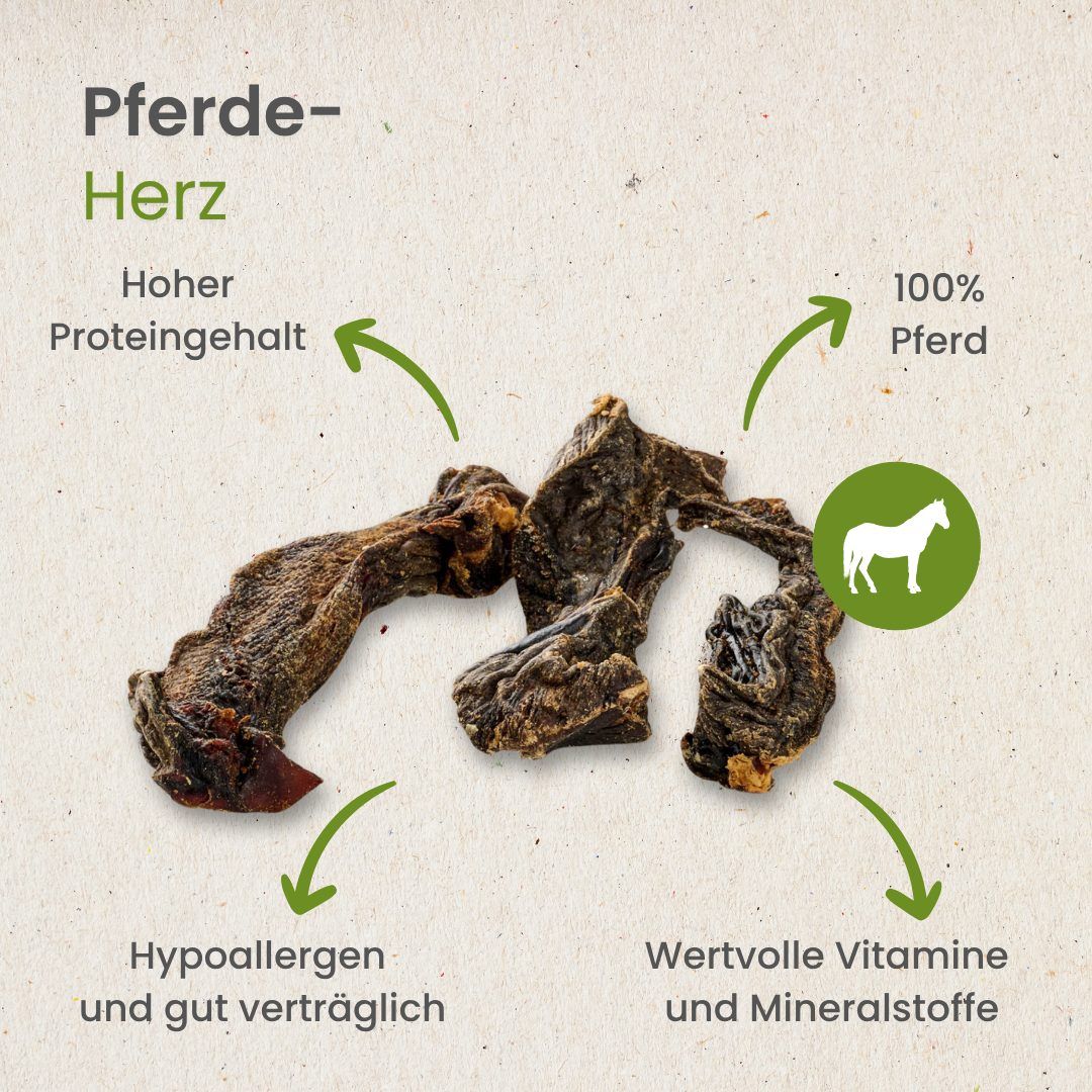Getrocknete Pferdeherzen, 100% Pferd, reich an Protein und Vitaminen.