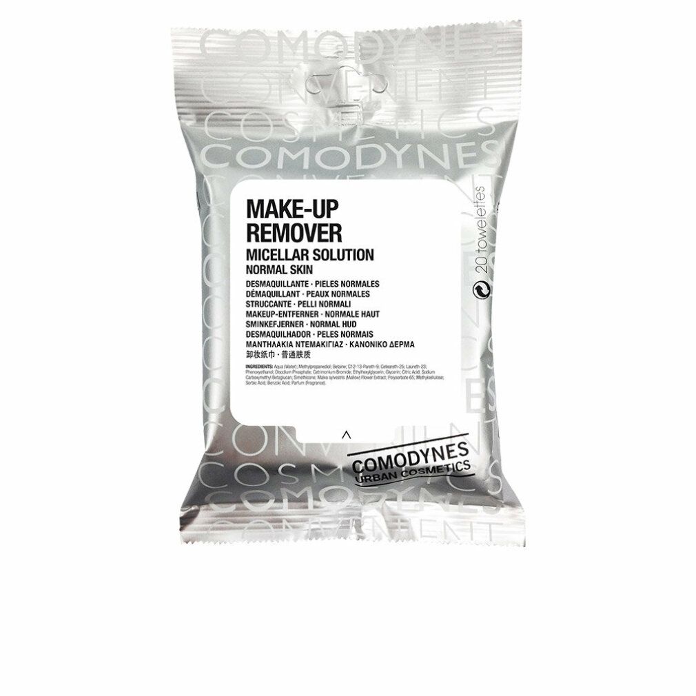 Reinigungstücher-Packung. "Make-up Remover Micellar Solution Normal Skin" steht auf der Verpackung. Marke: Comodynes.
