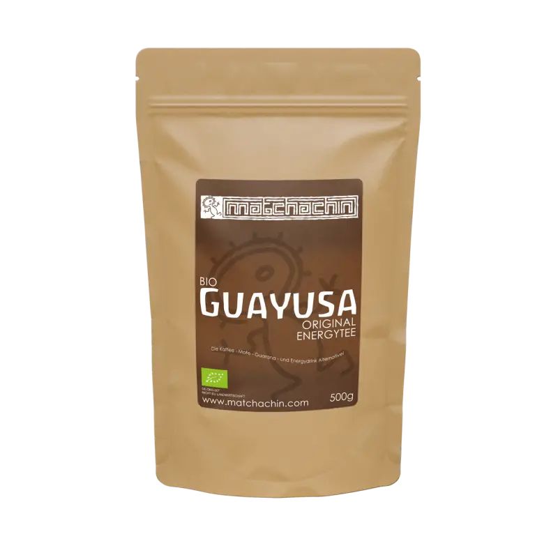 Braune Verpackung mit Etikett. Text: Matchachin BIO Guayusa Original Energytee. 500g. Bio-Siegel.