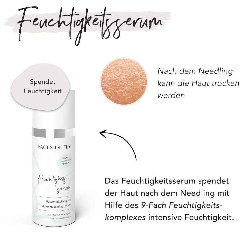 Feuchtigkeitsserum in Flasche. Spendet Feuchtigkeit nach dem Needling. Produktname: FACES OF FEY. Enthält 9-fach Feuchtigkeitskomplex.