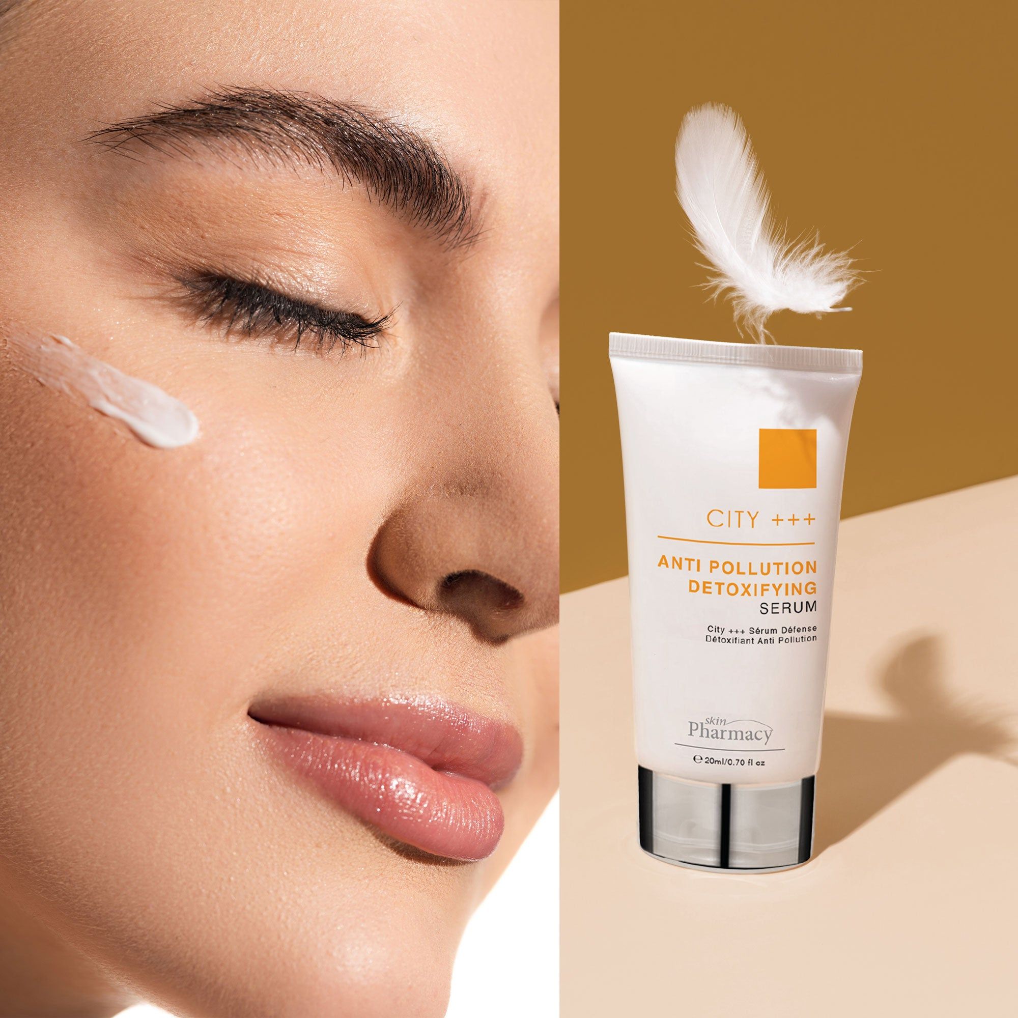 Gesicht mit Serum und Feder. Aufschrift: CITY +++, Anti Pollution Detoxifying Serum. Marke: skinPharmacy.