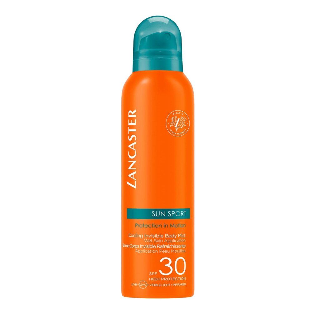Orangefarbene Sprayflasche mit blauem Deckel. Text: Lancaster, Sun Sport, SPF 30. Vegan-Logo.