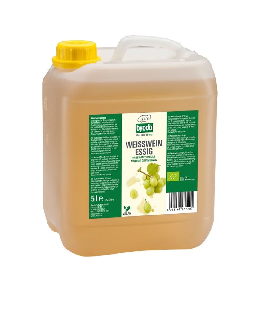 BYODO Bio-Weißweinessig in einem 5-Liter-Kanister mit gelbem Deckel und Tragegriff. Etikett mit Produktinformationen und Bio-Siegel.