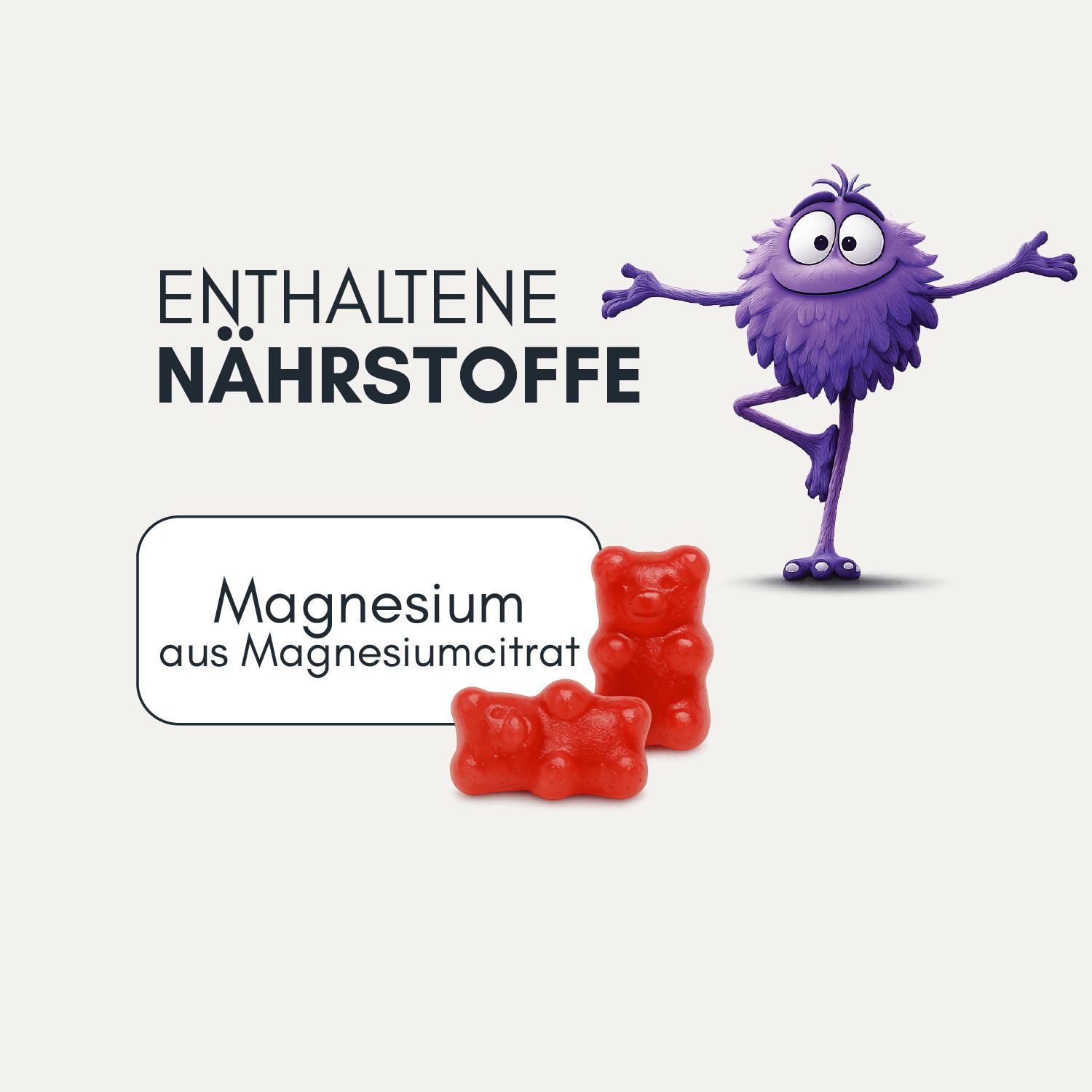 Rote Gummibärchen neben Text: Magnesium aus Magnesiumcitrat. Illustration einer Figur.