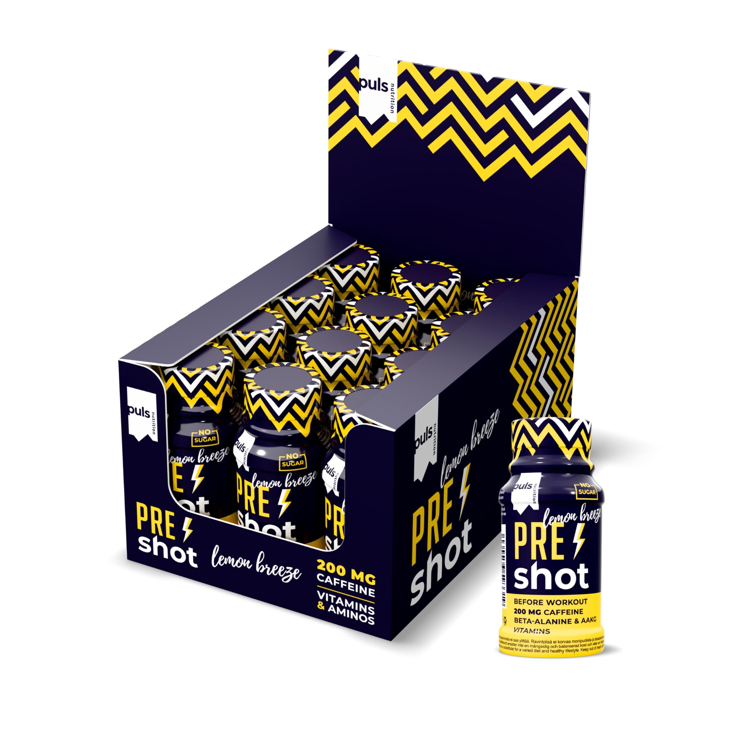 Verkaufsbox mit 12 Pre-Workout-Shots in Zitronengeschmack, eine Flasche daneben.