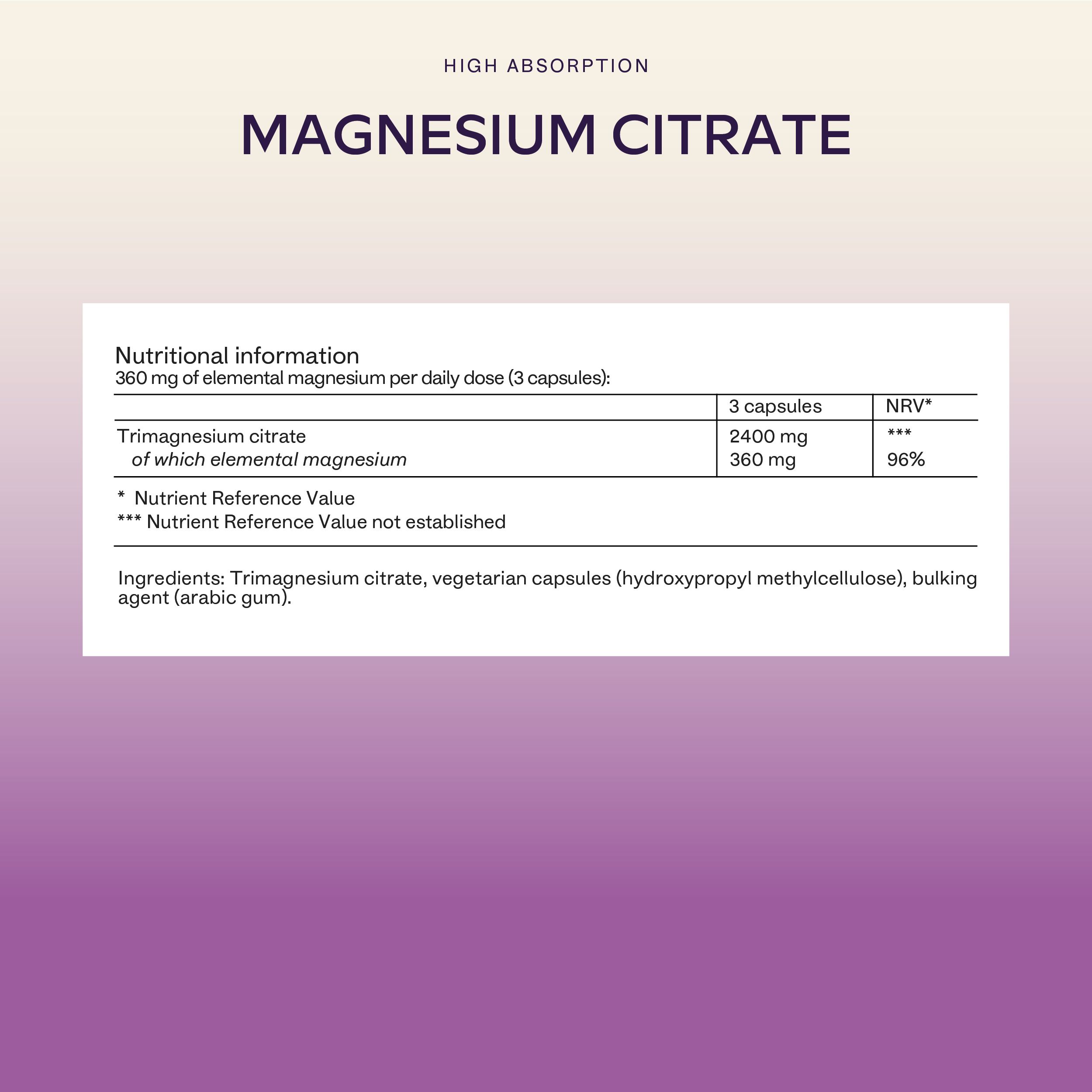 Nährwerttabelle mit Informationen zu Magnesiumcitrat. Enthält Angaben zu Dosierung und Inhaltsstoffen.