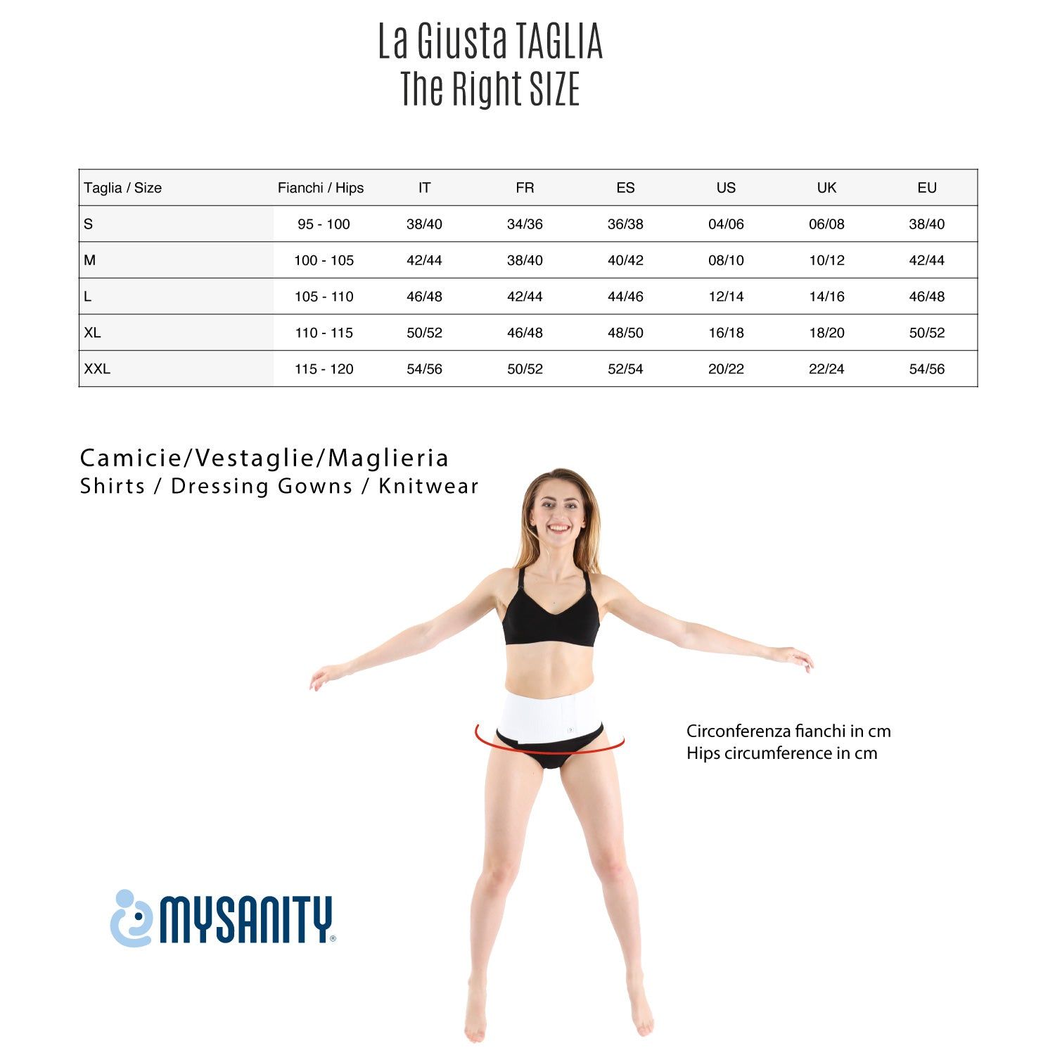 Größentabelle für Stillhemden. Text: La Giusta Taglia/The Right SIZE. Marke: MYSANITY.