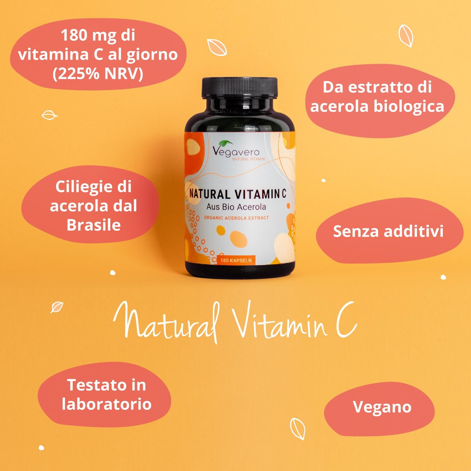 Bottiglia verde con tappo nero. Scritta: Natural Vitamin C BIO. Informazioni: 180 mg vitamina C, vegano, testato in laboratorio.