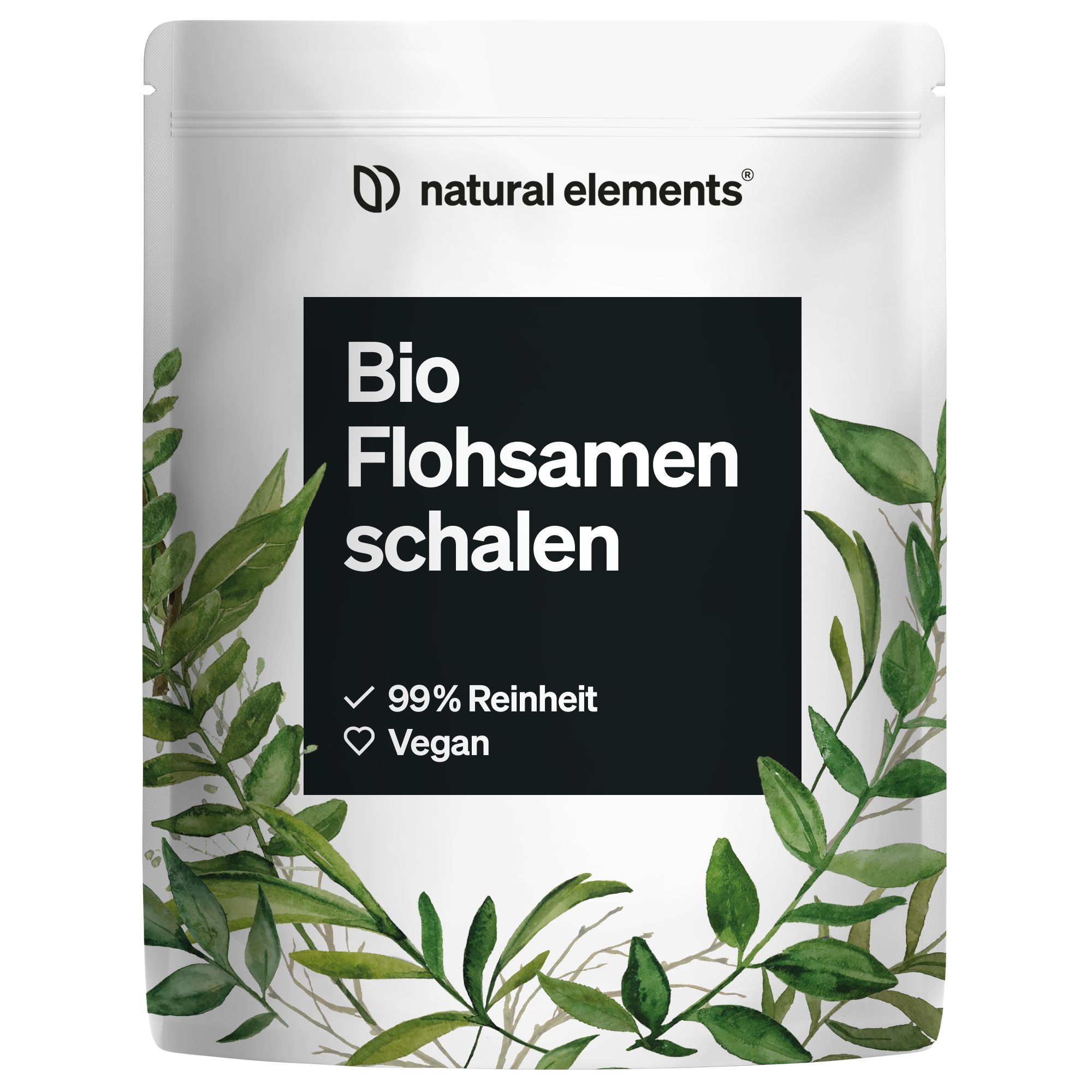 Weiße Standbeutel mit Produktnamen und Logo. Aufdruck: Bio Flohsamenschalen, 99% Reinheit, Vegan. Grüne Blätter als Dekoration.