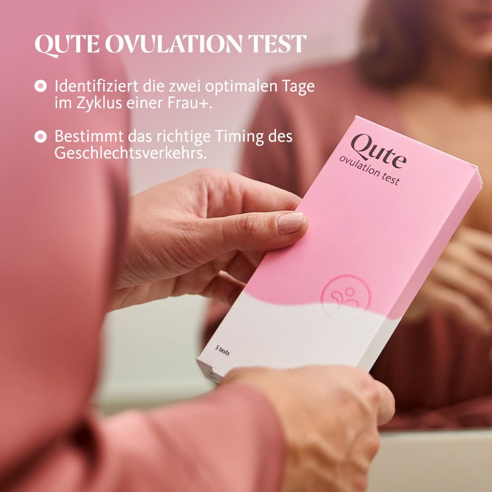 Rosa Schachtel mit "Qute ovulation test"-Aufdruck. Marke: donna. Text: Identifiziert die zwei optimalen Tage im Zyklus.