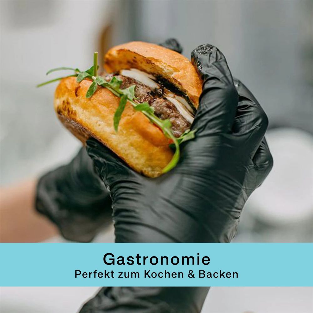 Hände mit schwarzen Handschuhen halten einen Burger. Text: Gastronomie, perfekt zum Kochen & Backen.
