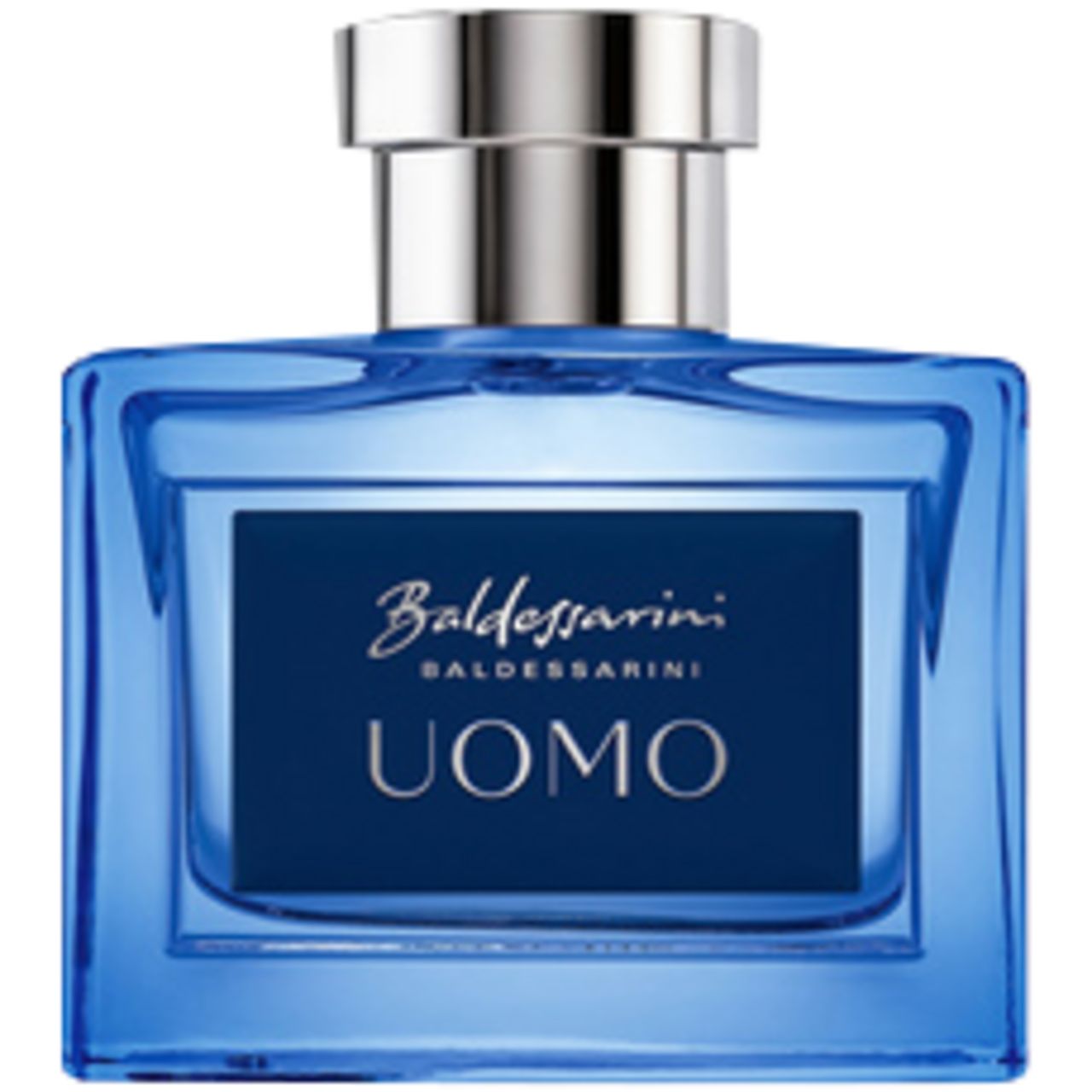 Blauer Glasflakon mit silbernem Verschluss. Aufschrift: Baldessarini UOMO.