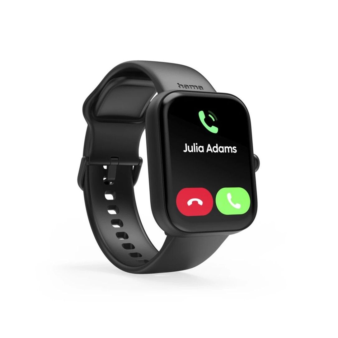 Smartwatch-Display mit Anruf von Julia Adams. Annahme- und Ablehnungssymbol. Schwarzes Armband.