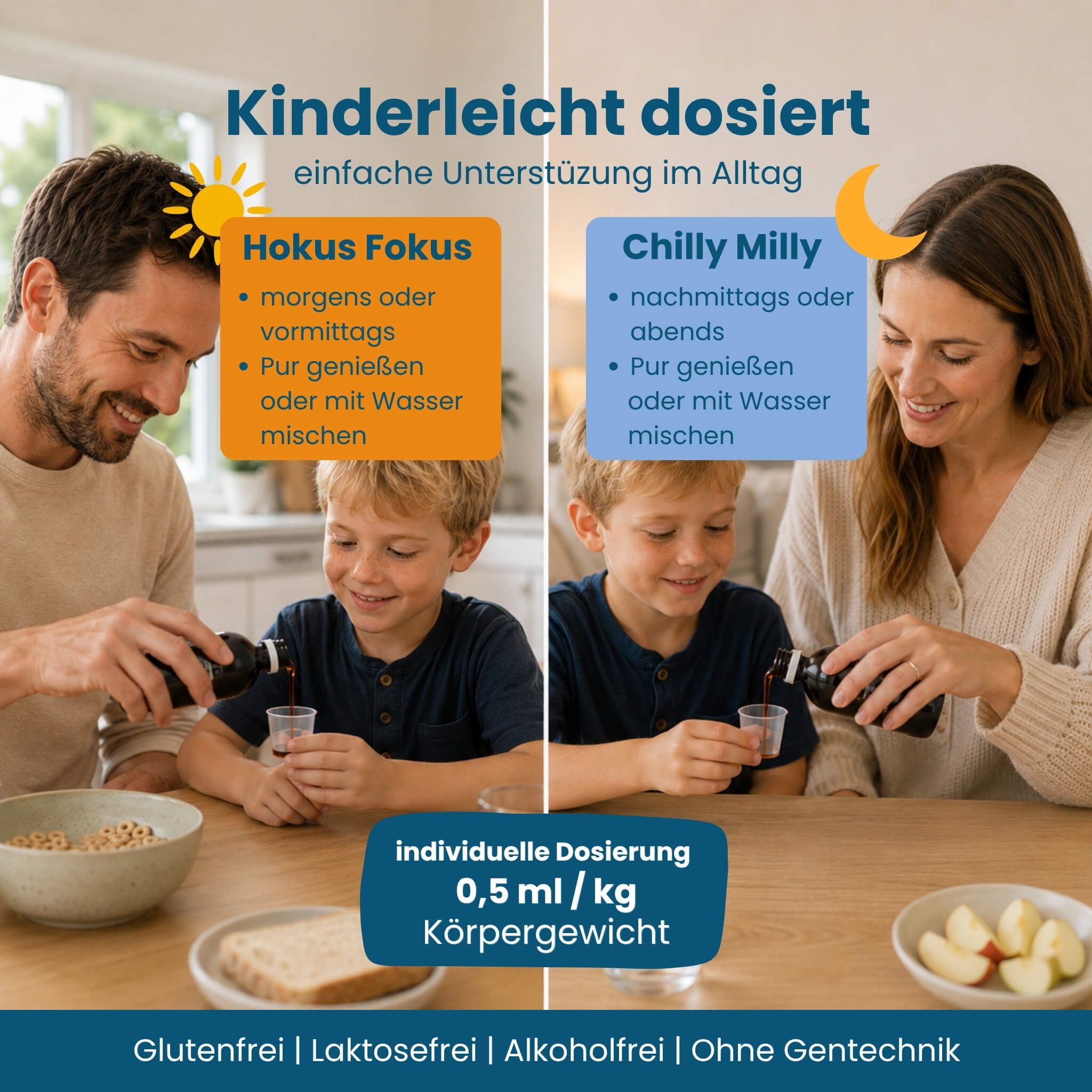 Vater und Sohn, Mutter und Sohn beim Dosieren von Flüssigkeit aus Flaschen in Messbecher.